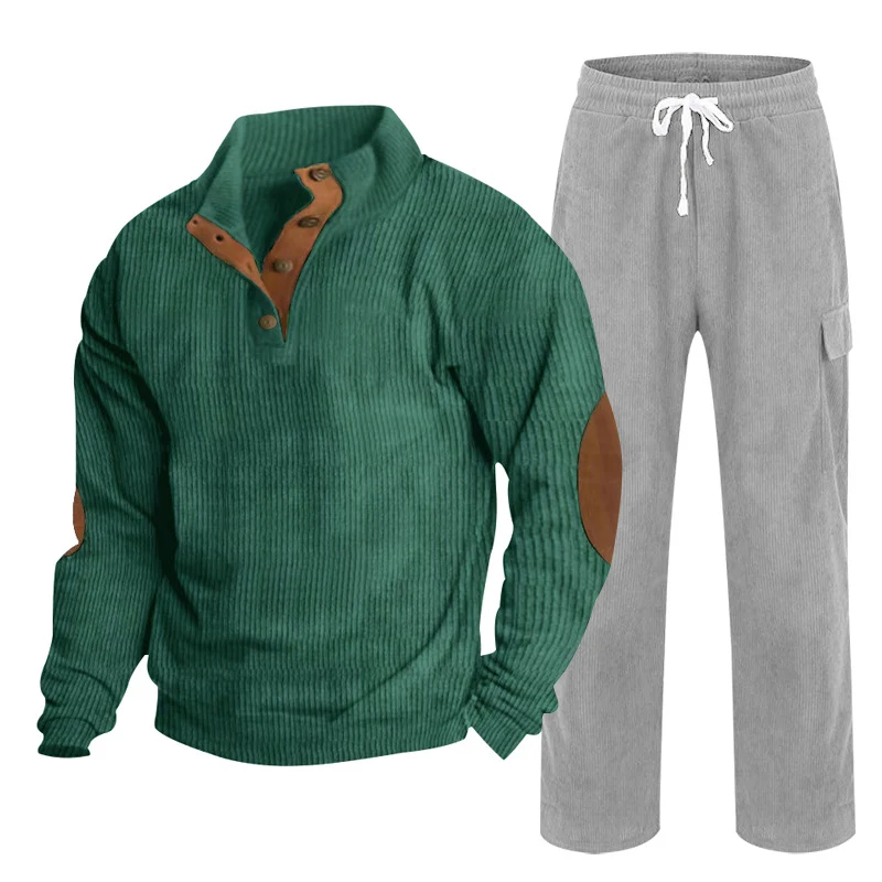 Herren Gemütliches Freizeit-Set aus Waffelstrick-Henley mit Ellenbogenpatch und Relax-Cargo-Hose Nord Taschen