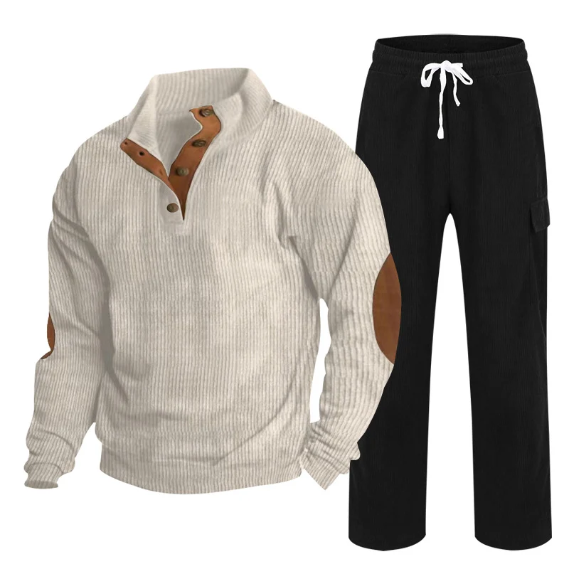 Herren Gemütliches Freizeit-Set aus Waffelstrick-Henley mit Ellenbogenpatch und Relax-Cargo-Hose Nord Taschen