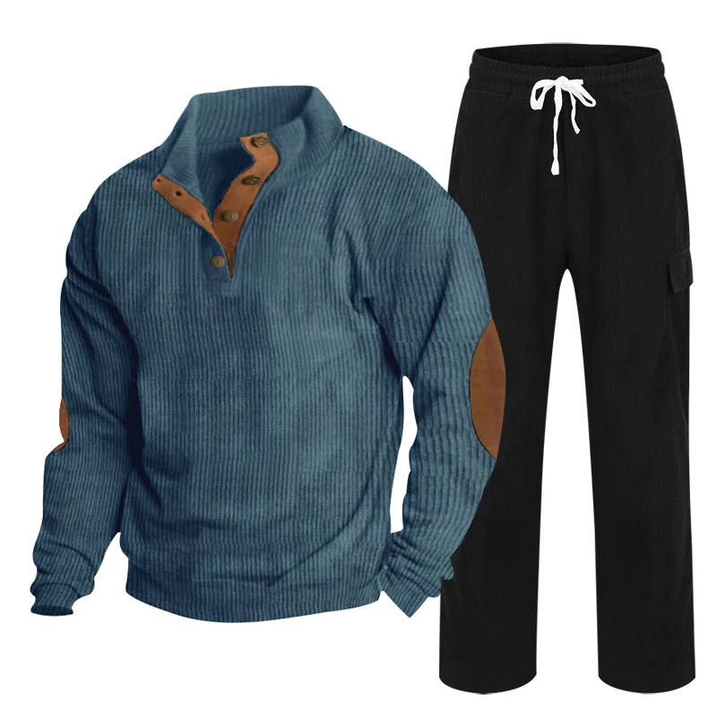 Herren Gemütliches Freizeit-Set aus Waffelstrick-Henley mit Ellenbogenpatch und Relax-Cargo-Hose Nord Taschen
