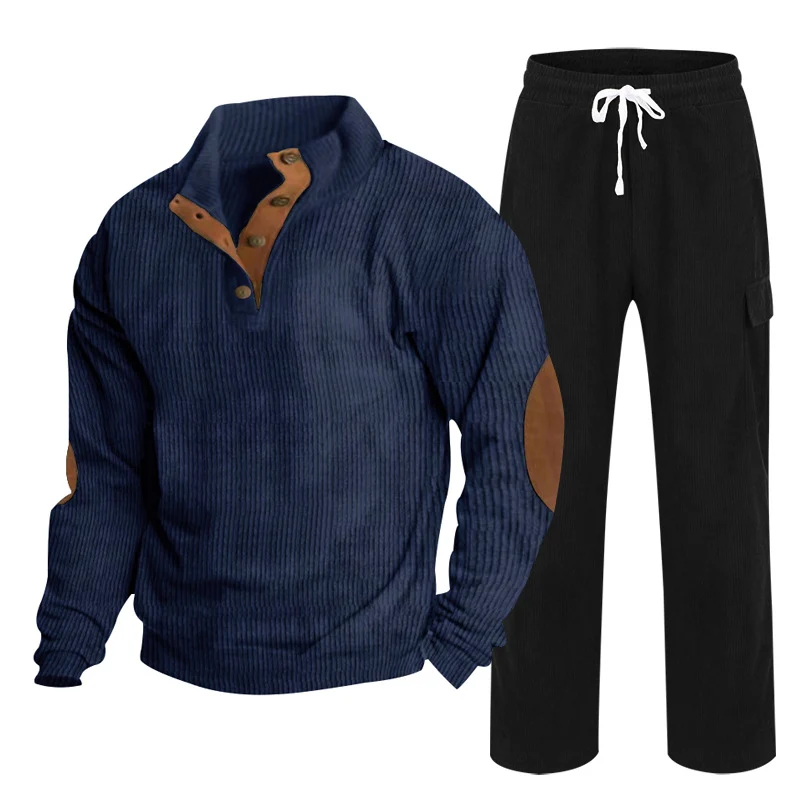 Herren Gemütliches Freizeit-Set aus Waffelstrick-Henley mit Ellenbogenpatch und Relax-Cargo-Hose Nord Taschen