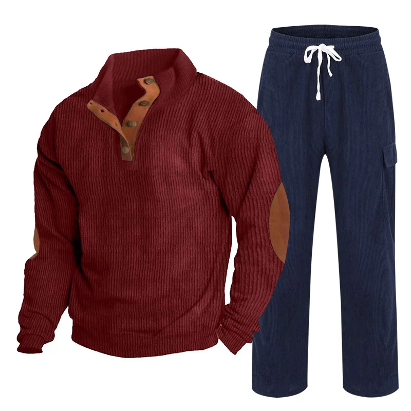 Herren Gemütliches Freizeit-Set aus Waffelstrick-Henley mit Ellenbogenpatch und Relax-Cargo-Hose Nord Taschen