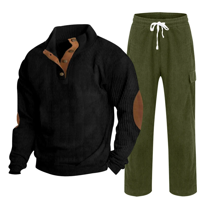 Herren Gemütliches Freizeit-Set aus Waffelstrick-Henley mit Ellenbogenpatch und Relax-Cargo-Hose Nord Taschen