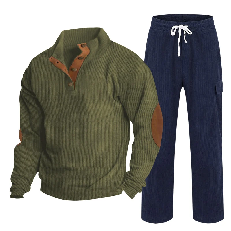 Herren Gemütliches Freizeit-Set aus Waffelstrick-Henley mit Ellenbogenpatch und Relax-Cargo-Hose Nord Taschen