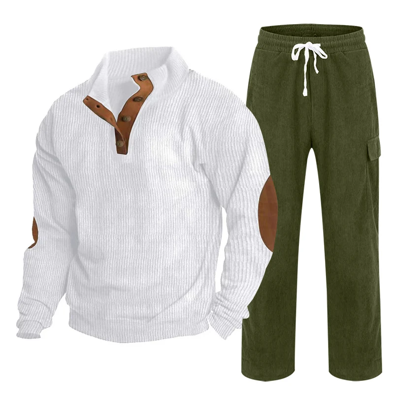 Herren Gemütliches Freizeit-Set aus Waffelstrick-Henley mit Ellenbogenpatch und Relax-Cargo-Hose Nord Taschen