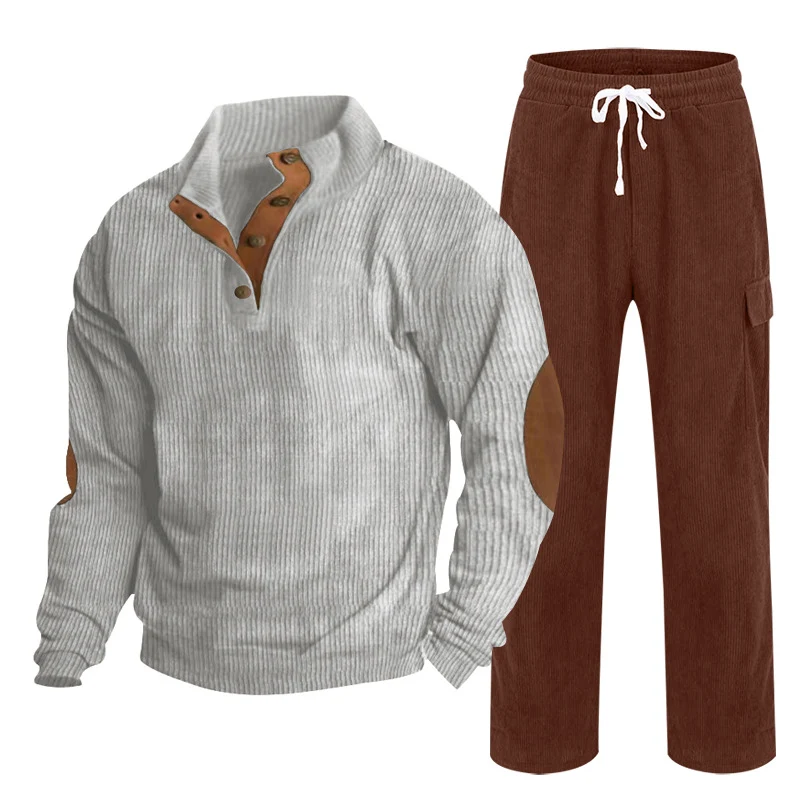 Herren Gemütliches Freizeit-Set aus Waffelstrick-Henley mit Ellenbogenpatch und Relax-Cargo-Hose Nord Taschen
