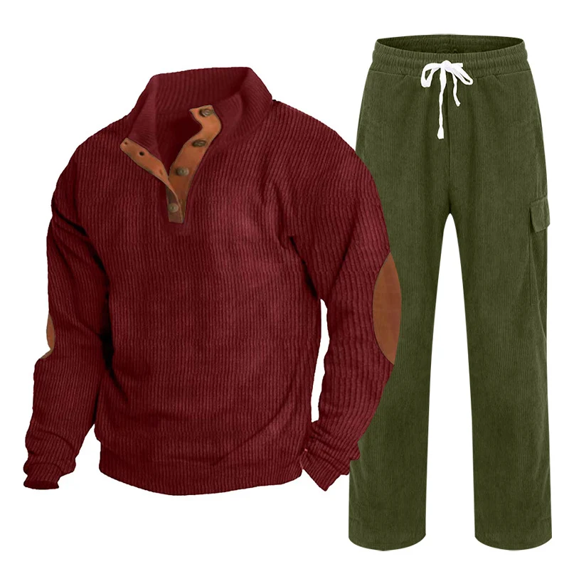 Herren Gemütliches Freizeit-Set aus Waffelstrick-Henley mit Ellenbogenpatch und Relax-Cargo-Hose Nord Taschen