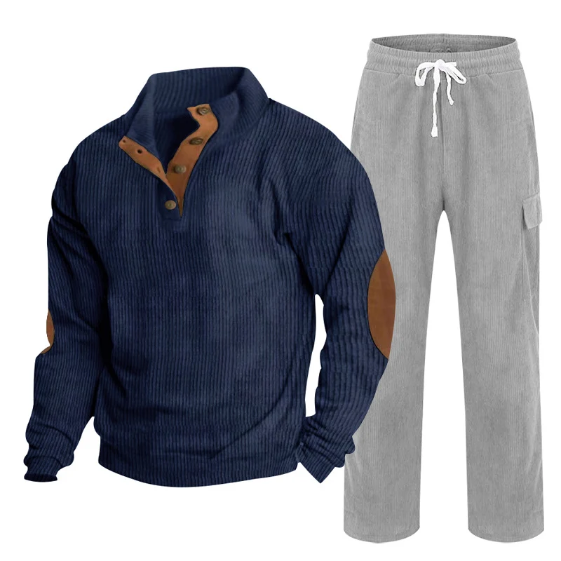 Herren Gemütliches Freizeit-Set aus Waffelstrick-Henley mit Ellenbogenpatch und Relax-Cargo-Hose Nord Taschen