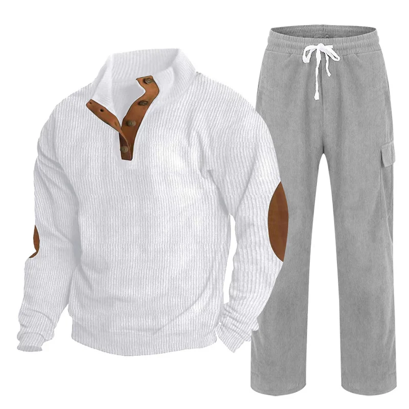 Herren Gemütliches Freizeit-Set aus Waffelstrick-Henley mit Ellenbogenpatch und Relax-Cargo-Hose Nord Taschen
