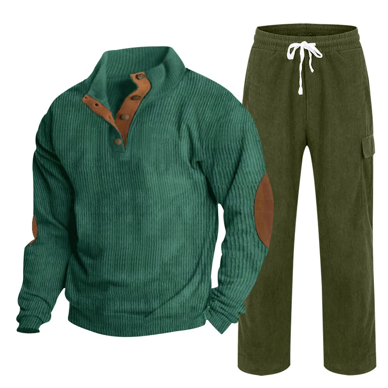 Herren Gemütliches Freizeit-Set aus Waffelstrick-Henley mit Ellenbogenpatch und Relax-Cargo-Hose Nord Taschen