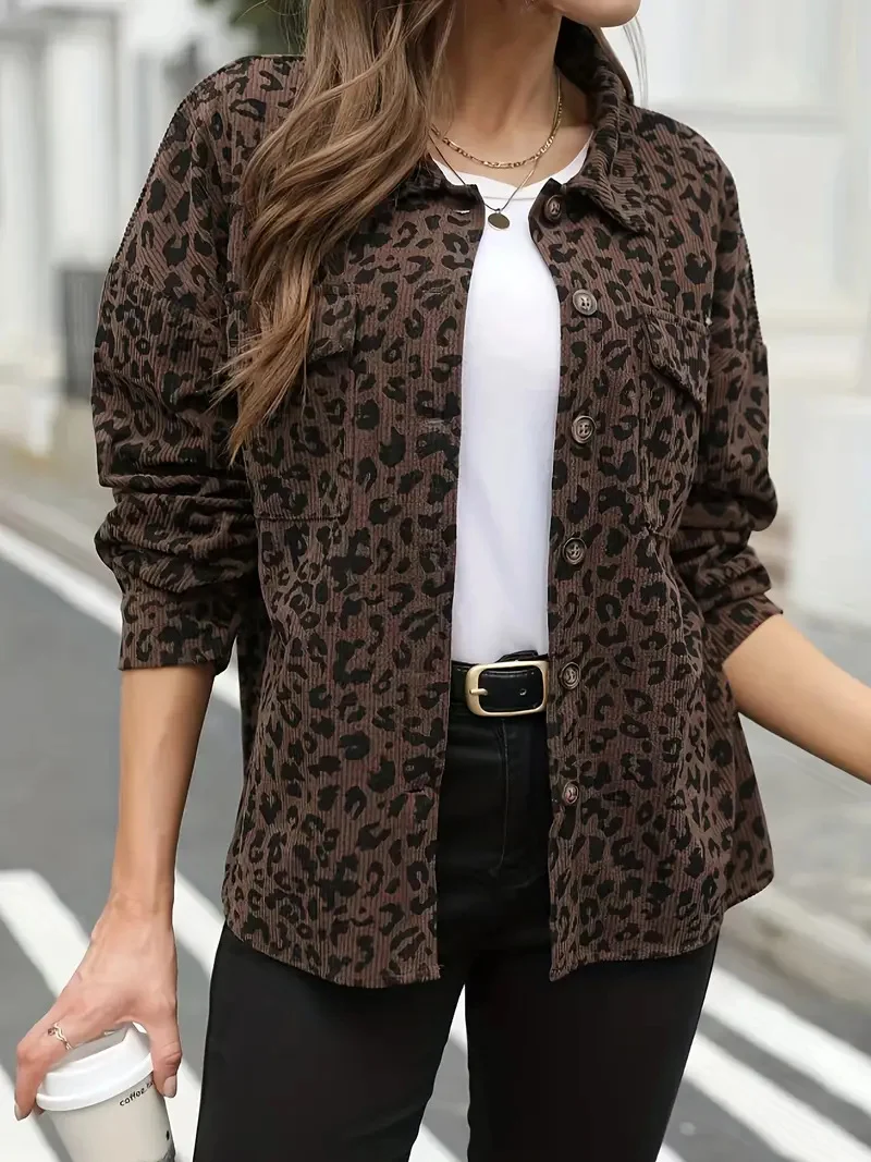 Damen Oversize Hemdjacke im Cord‑Look mit Leopardenprint Nord Taschen