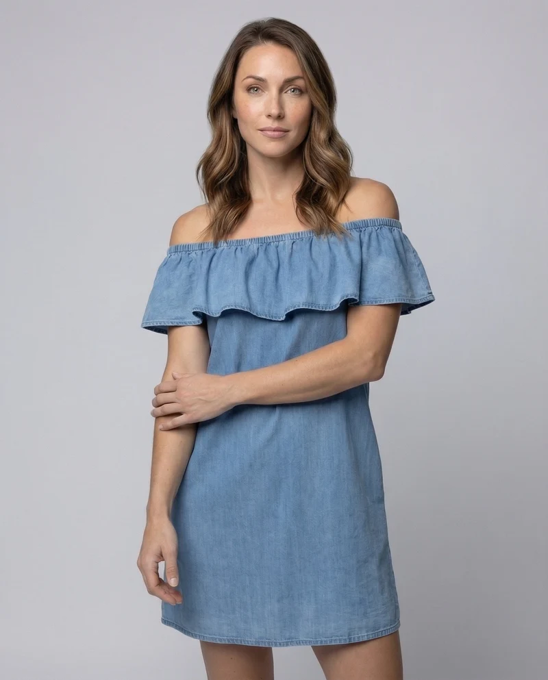 Damen Chambray-Tunika-Kleid Volantkragen Eingrifftaschen