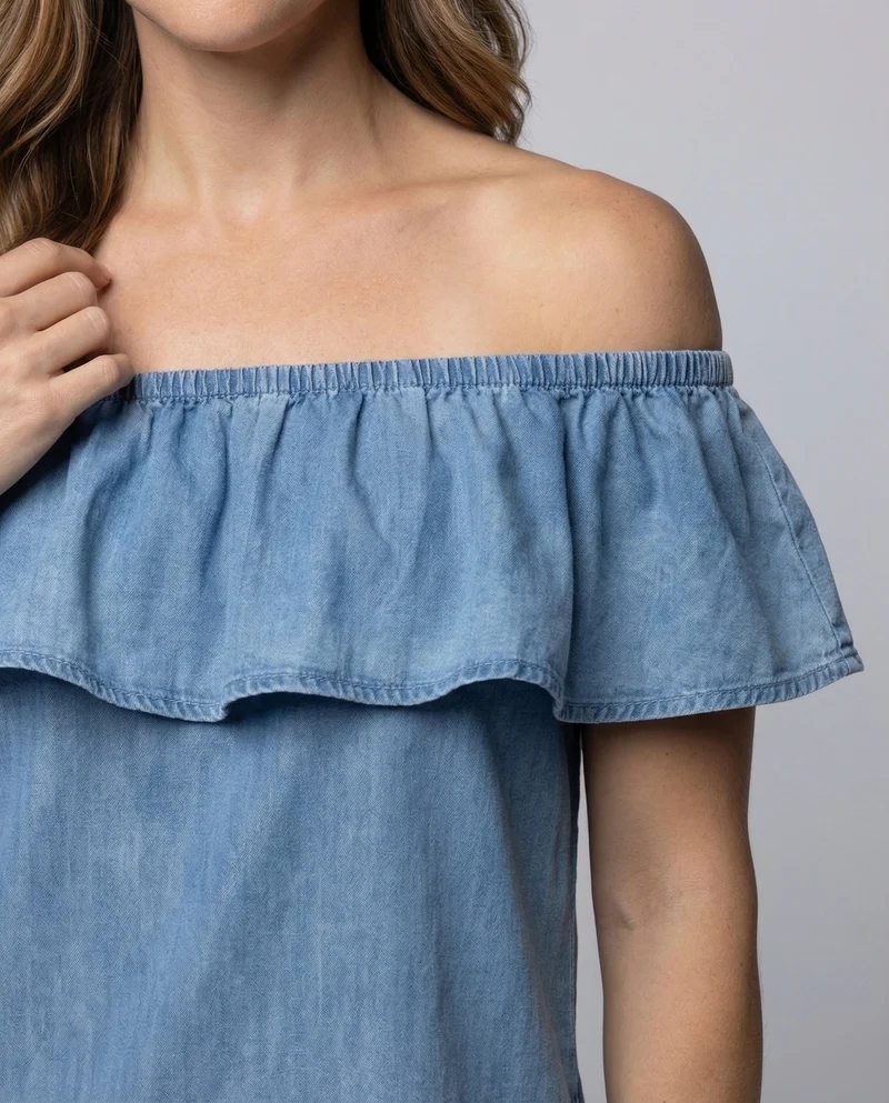 Damen Chambray-Tunika-Kleid Volantkragen Eingrifftaschen
