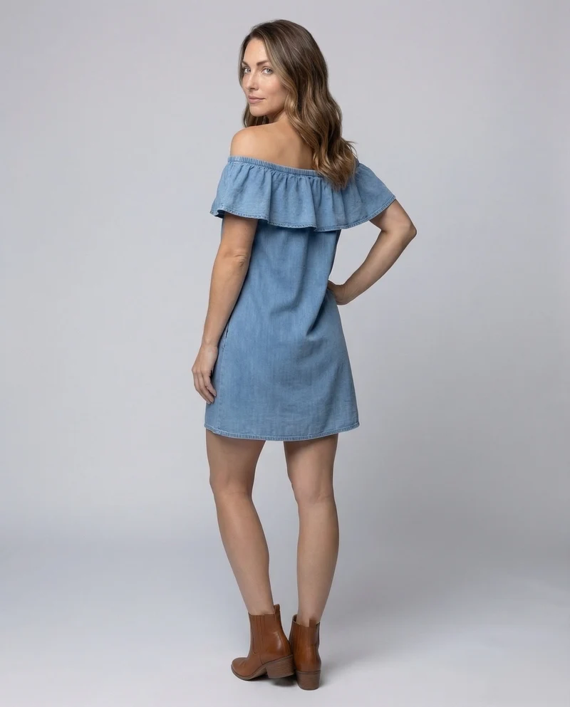 Damen Chambray-Tunika-Kleid Volantkragen Eingrifftaschen