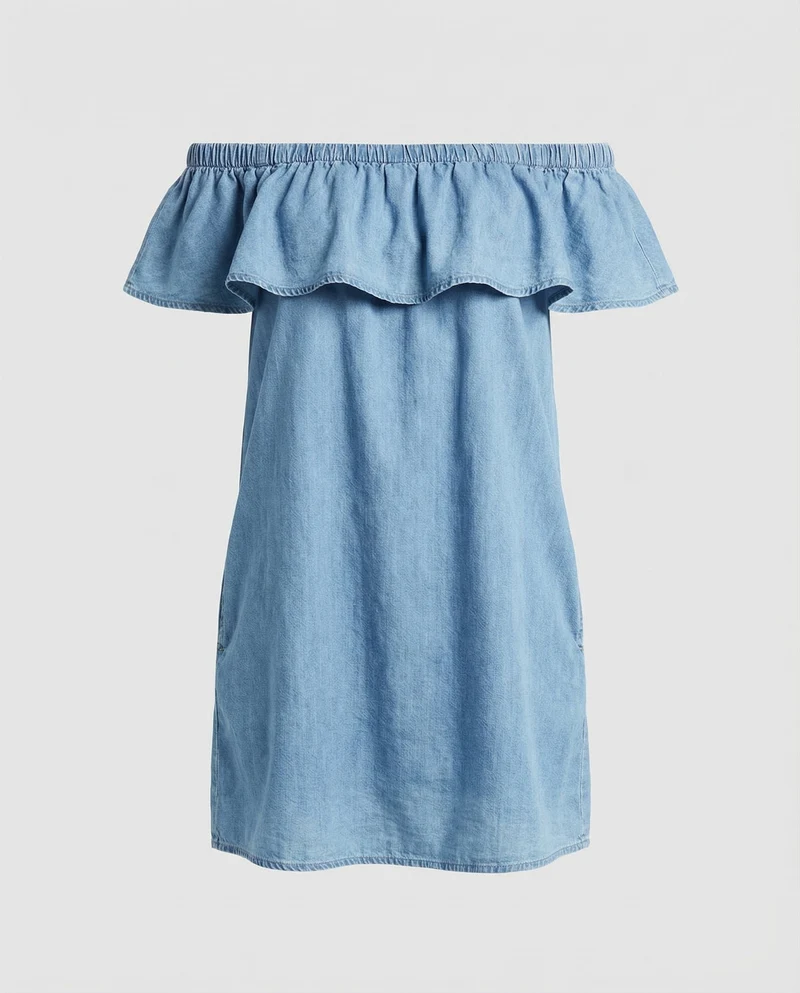 Damen Chambray-Tunika-Kleid Volantkragen Eingrifftaschen