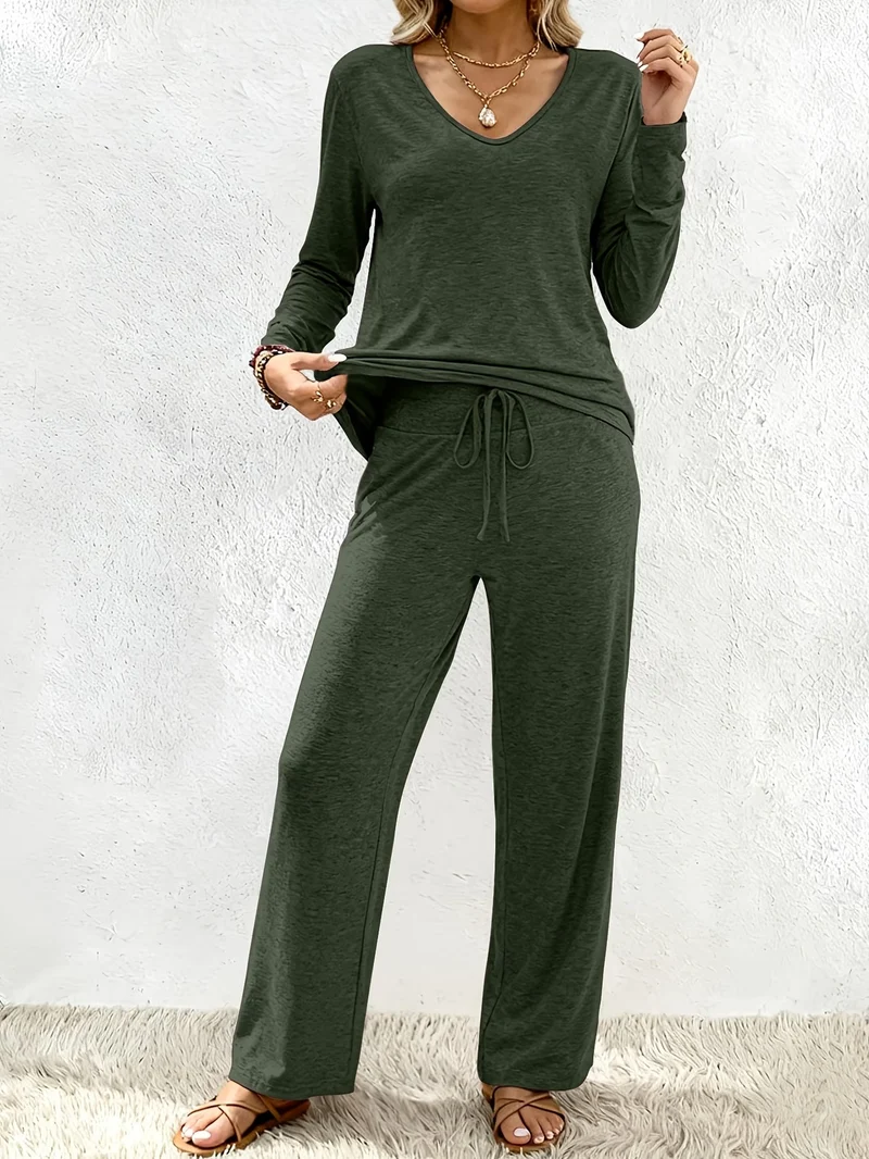 Damen Lounge-Set aus weichem Viskose-Modal-Mix mit V-Ausschnitt, Tunnelzughose und weitem Bein Nord Taschen