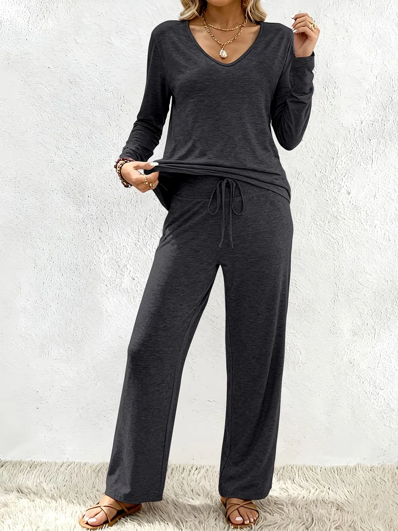 Damen Lounge-Set aus weichem Viskose-Modal-Mix mit V-Ausschnitt, Tunnelzughose und weitem Bein Nord Taschen