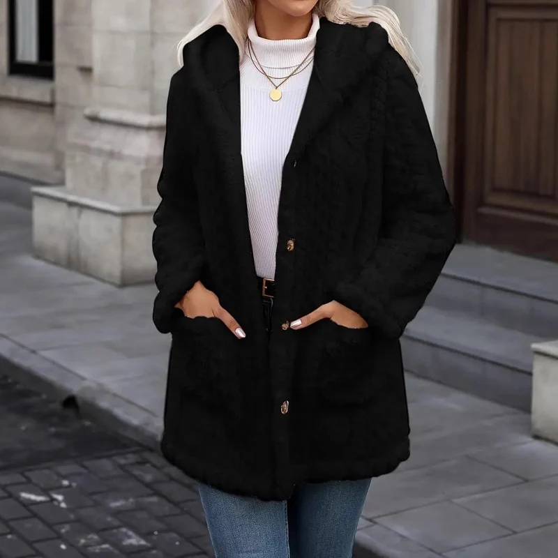 Damen Kuschelige Teddyjacke mit Kapuze, Knopfleiste und aufgesetzten Taschen Nord Taschen