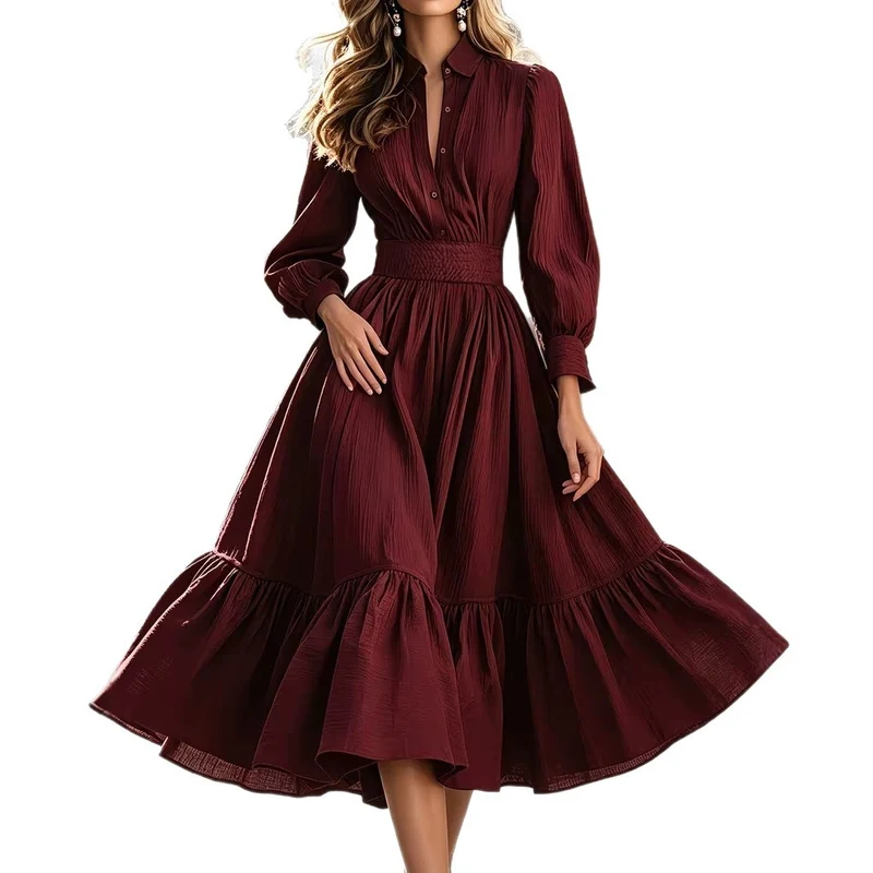 Damen Hemdblusenkleid mit breitem Smokbund, geschwungener Stufenvolant und langen Manschettenärmeln Nord Taschen