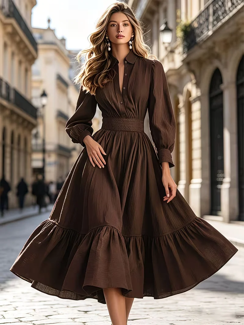 Damen Hemdblusenkleid mit breitem Smokbund, geschwungener Stufenvolant und langen Manschettenärmeln Nord Taschen