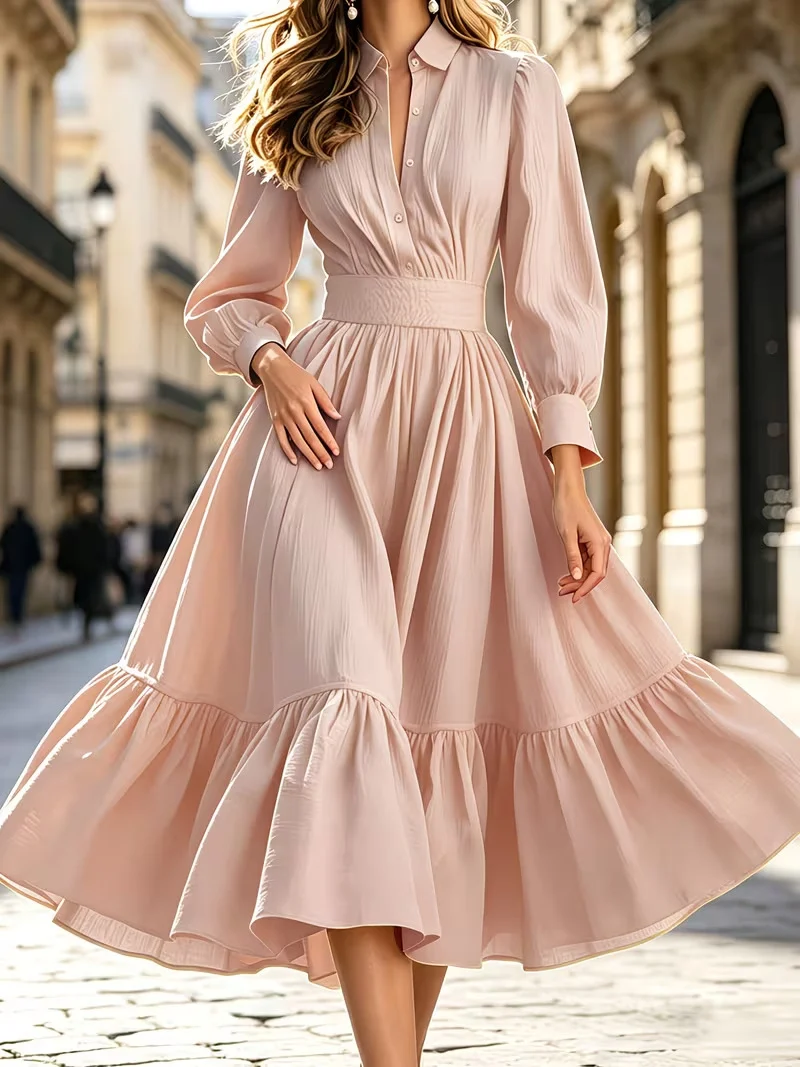 Damen Hemdblusenkleid mit breitem Smokbund, geschwungener Stufenvolant und langen Manschettenärmeln Nord Taschen