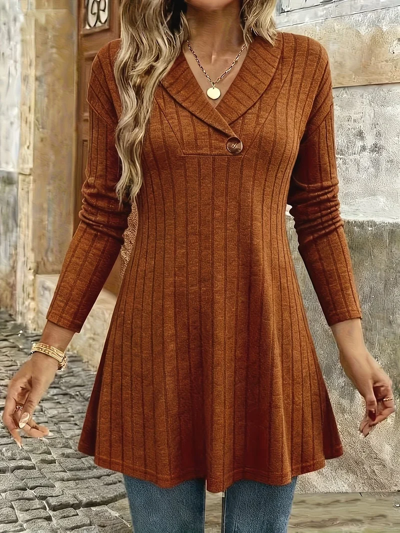 Damen Gestricktes A‑Linien‑Tunika‑Kleid mit Schalkragen und Zierknopf Nord Taschen