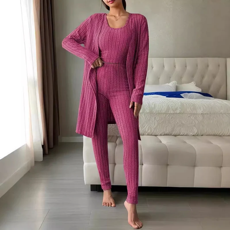 Damen Geripptes Lounge-Set mit Cropped-Top, High-Waist-Leggings und Longcardigan Nord Taschen