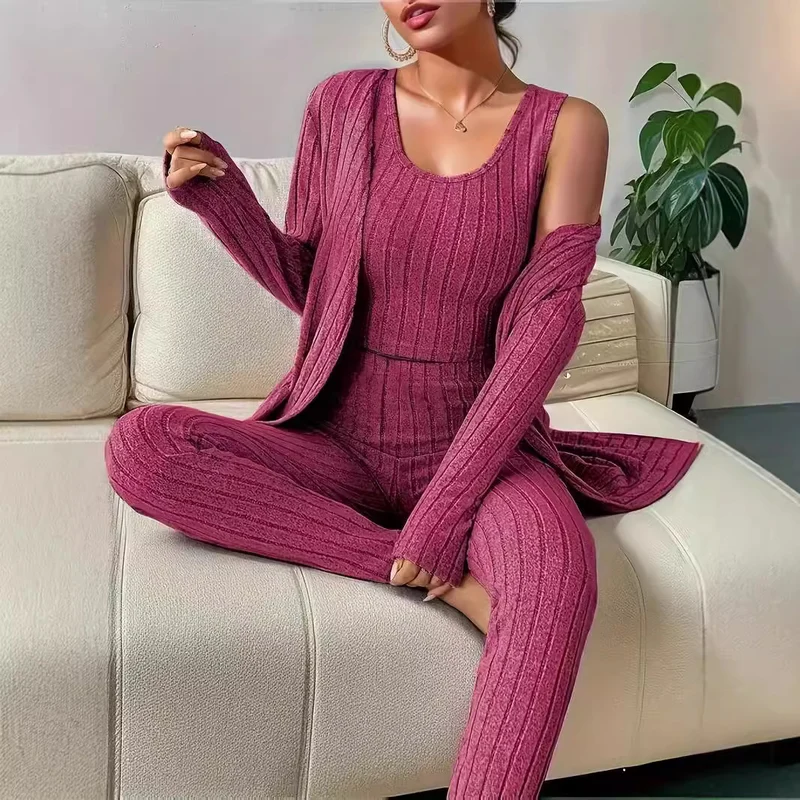 Damen Geripptes Lounge-Set mit Cropped-Top, High-Waist-Leggings und Longcardigan Nord Taschen