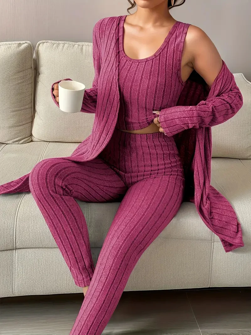 Damen Geripptes Lounge-Set mit Cropped-Top, High-Waist-Leggings und Longcardigan Nord Taschen