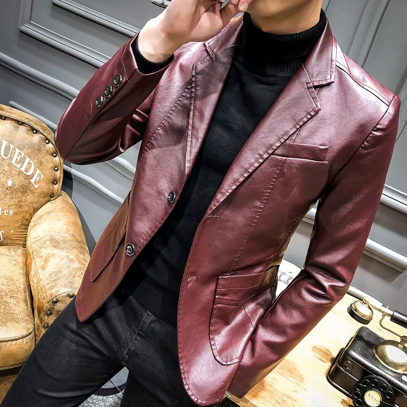 Herren Kunstleder-Sakko im Slim-Fit mit Brustleistentasche und aufgesetzten Pattentaschen Nord Taschen