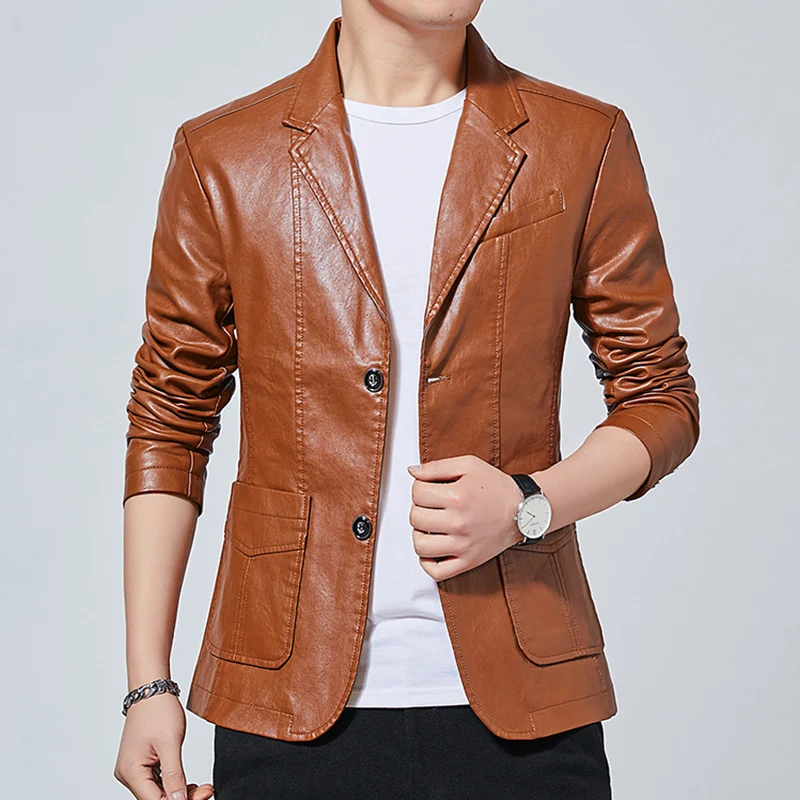 Herren Kunstleder-Sakko im Blouson-Stil mit Hemdkragen und aufgesetzten Taschen Nord Taschen