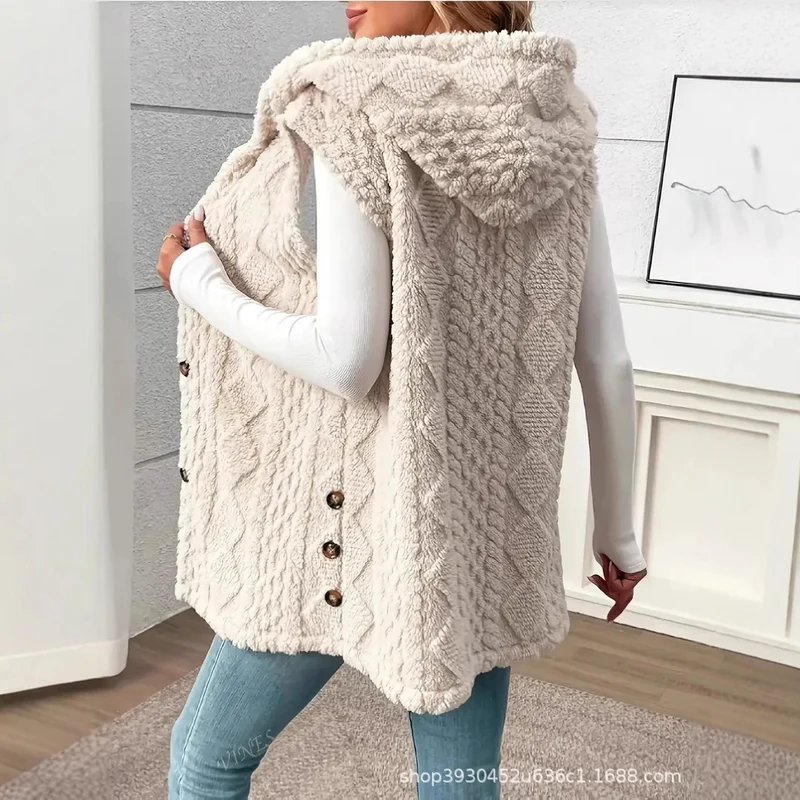 Damen Gefütterte Teddy-Weste mit Kapuze und Knopfverschluss Nord Taschen