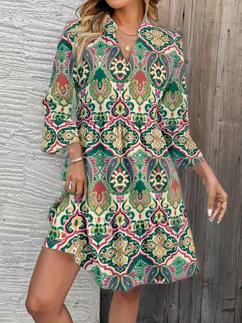 Damen Florales Babydoll-Kleid mit V-Ausschnitt, hohem Empire‑Bund und Glockenärmeln Nord Taschen