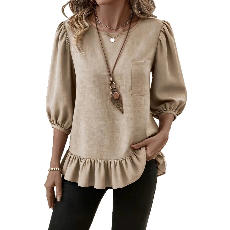 Damen Bluse mit Puffärmeln, Brusttasche und Stufenvolant Nord Taschen