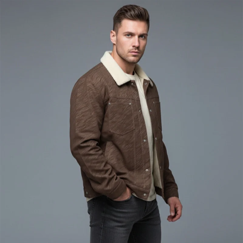 Herren Lässige Sherpa-gefütterte Truckerjacke mit Kunstfellkragen Nord Taschen