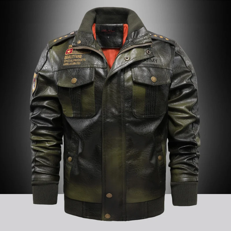 Herren Kunstleder-Pilotenblouson im Military-Look mit Schulterpatten, Rippbündchen und Patch-Applikationen Nord Taschen