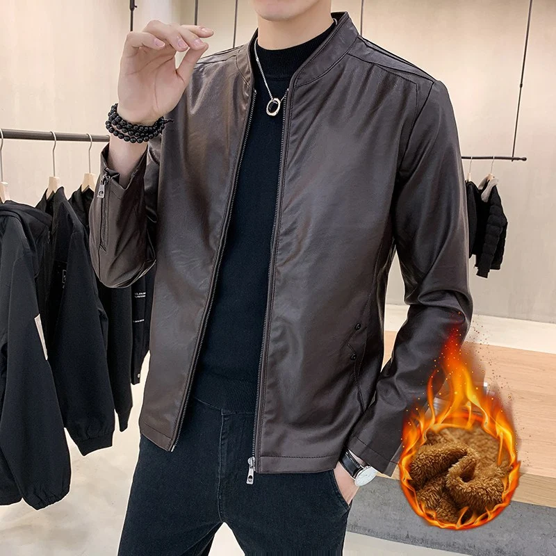 Herren Kunstleder-Motojacke mit Teddyfutter und Stehkragen Nord Taschen