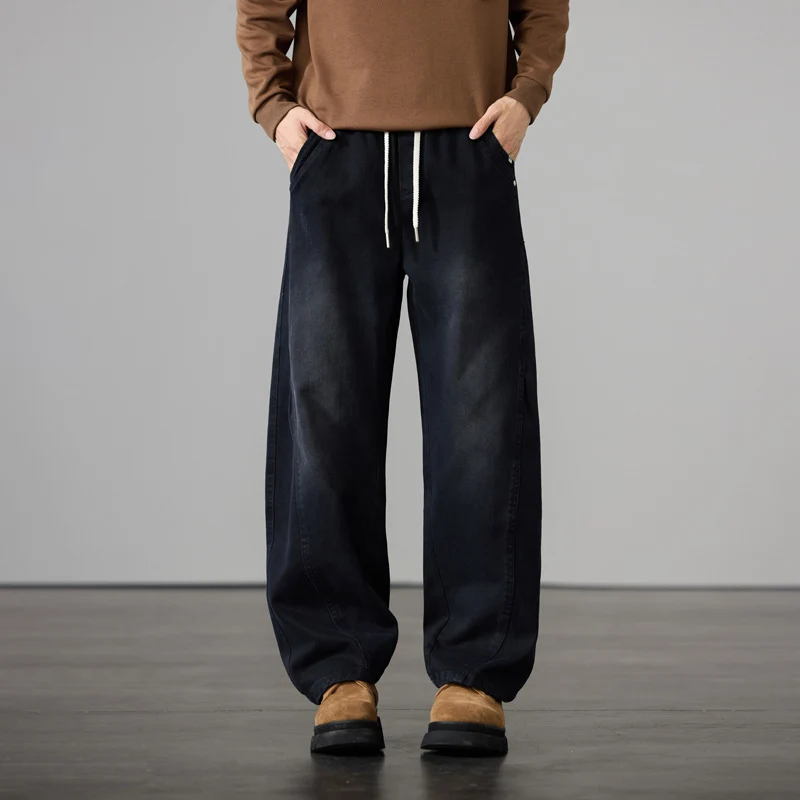 Herren Weite Baumwoll-Drawstring-Hose im Vintage-Waschlook Nord Taschen