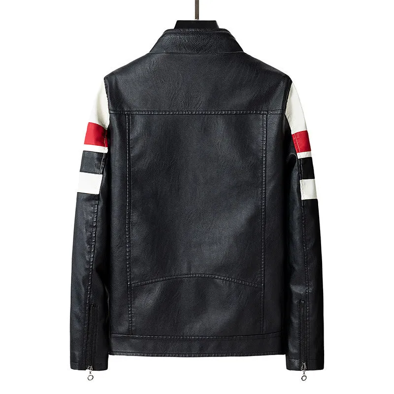 Herren Kunstleder‑Motojacke im Racing‑Stil mit Stehkragen und Zierstreifen Nord Taschen