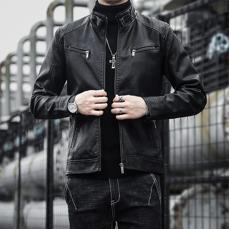 Herren Kunstleder-Motojacke im Aviator‑Stil mit Stehkragen und funktionalen Reißverschlüssen Nord Taschen