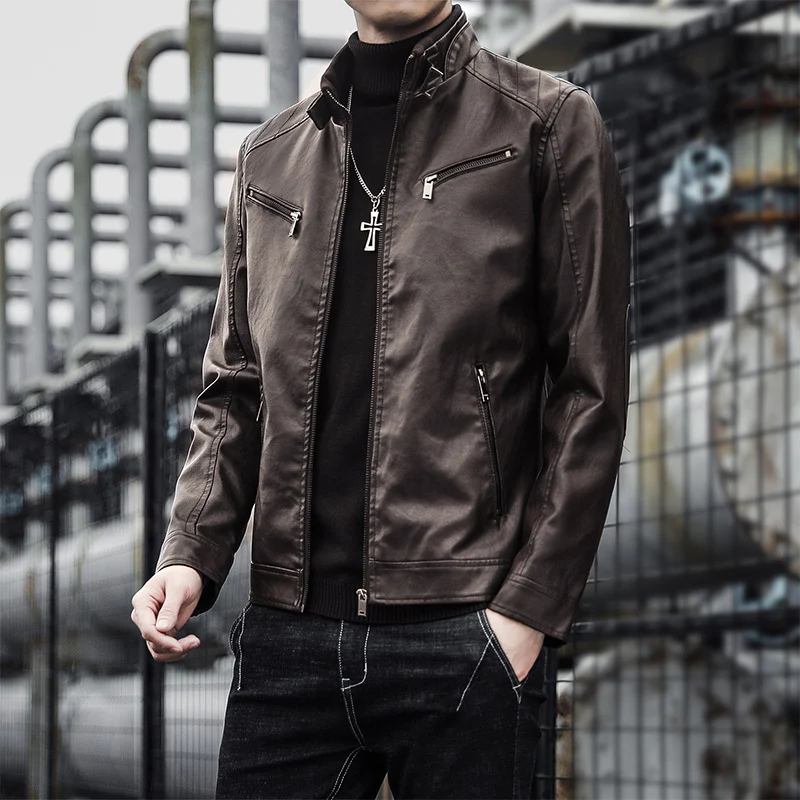 Herren Kunstleder-Motojacke im Aviator‑Stil mit Stehkragen und funktionalen Reißverschlüssen Nord Taschen