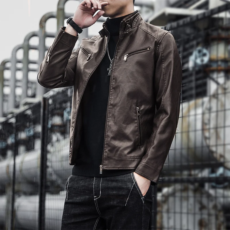 Herren Kunstleder-Motojacke im Aviator‑Stil mit Stehkragen und funktionalen Reißverschlüssen Nord Taschen