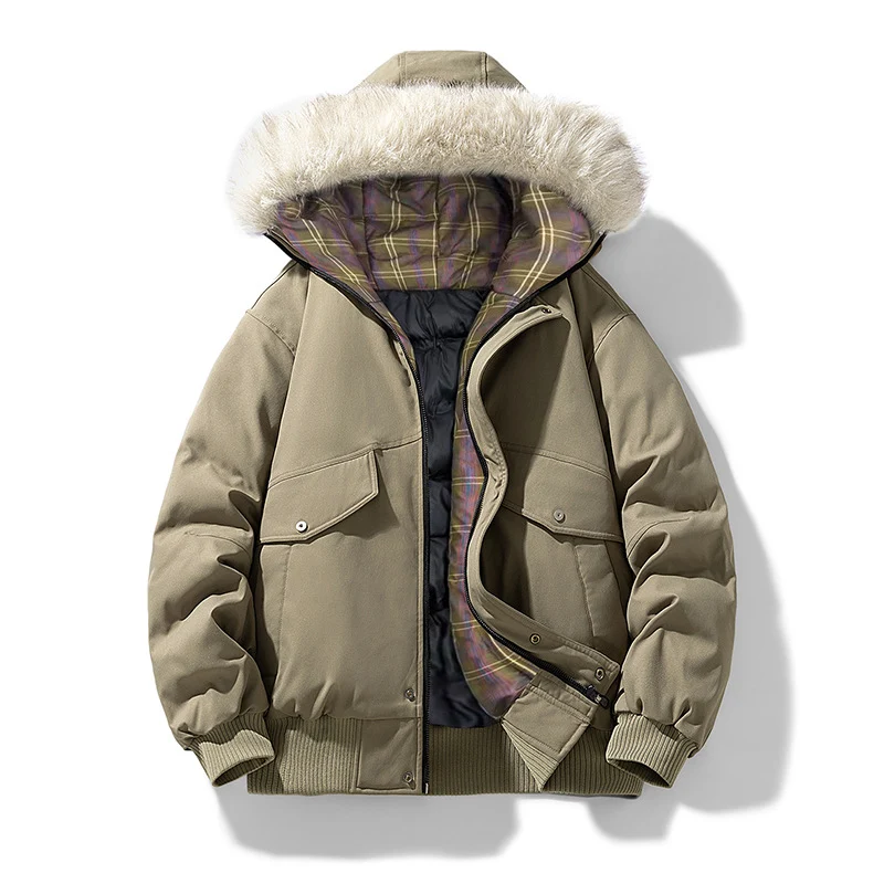 Herren Wattierte Winterjacke mit Kunstpelz-Kapuze, gestepptem kariertem Innenfutter und Bomberbündchen Nord Taschen