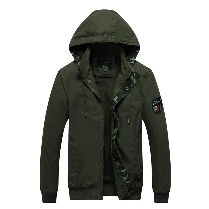 Herren Kapuzen-Canvasjacke im Military-Utility-Stil mit Camouflagemanschette und Rippbündchen Nord Taschen