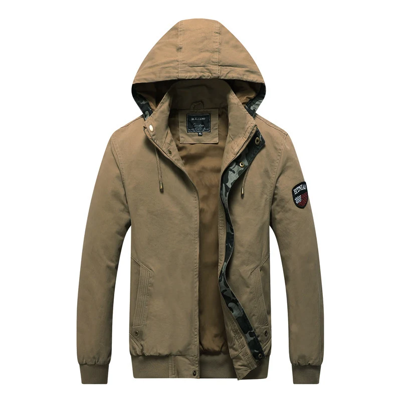 Herren Kapuzen-Canvasjacke im Military-Utility-Stil mit Camouflagemanschette und Rippbündchen Nord Taschen