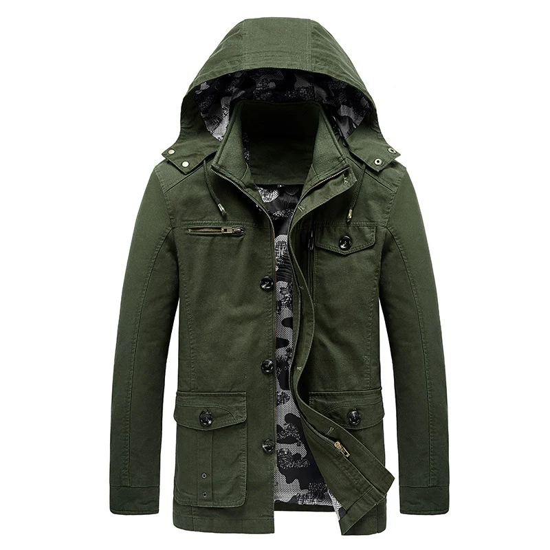 Herren Kapuzen-Canvas-Fieldjacke mit Camouflage-Innenfutter, Multifunktions‑Taschen und Reißverschluss‑Knopfleiste Nord Taschen