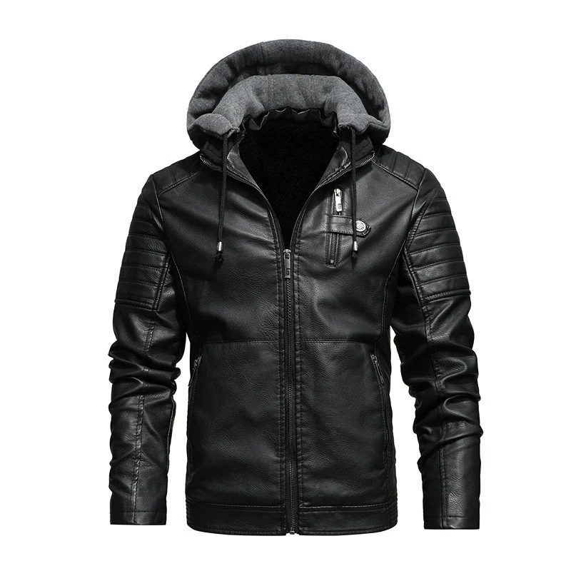 Herren Kunstleder-Hoodie-Blouson mit Teddyfutter, gesteppter Ärmelpasse und Kapuzenlayer Nord Taschen