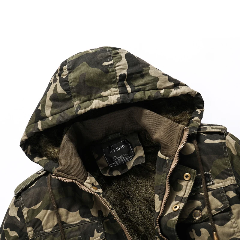 Herren Kapuzen-Camouflage-Fieldjacke mit Teddyfutter, Mehrfach-Taschen und Rippbündchen Nord Taschen