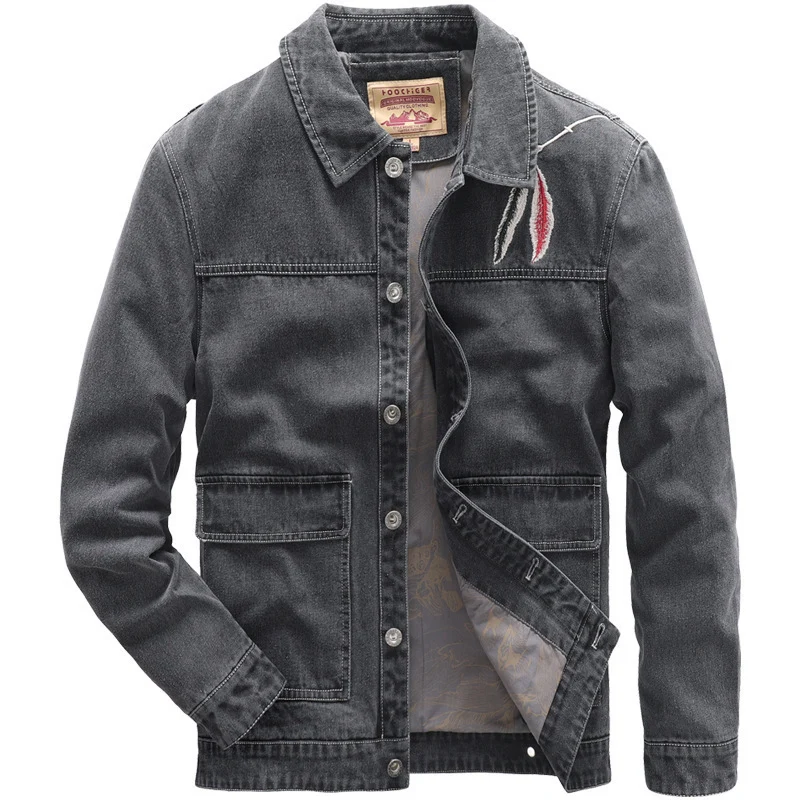 Herren Jeansjacke im Worker‑Stil mit gesticktem Feder‑Motiv und Innensatinfutter Nord Taschen