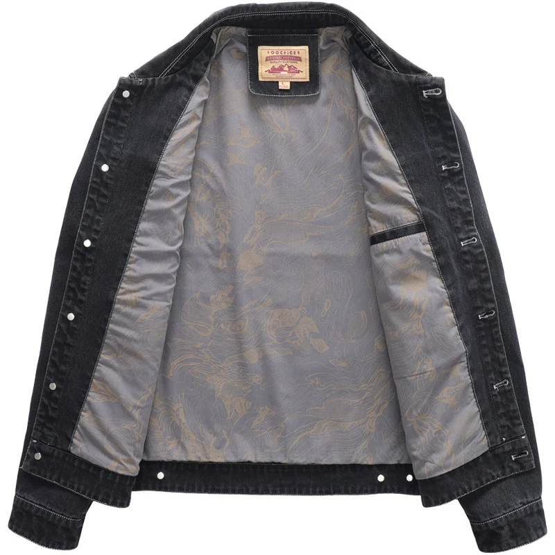 Herren Jeansjacke im Worker‑Stil mit gesticktem Feder‑Motiv und Innensatinfutter Nord Taschen