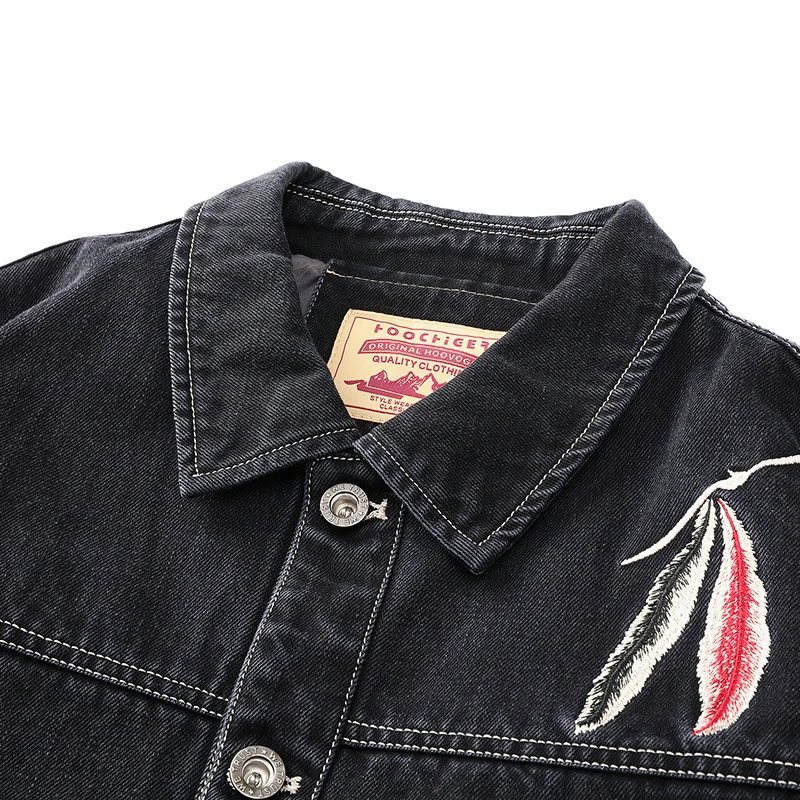 Herren Jeansjacke im Worker‑Stil mit gesticktem Feder‑Motiv und Innensatinfutter Nord Taschen